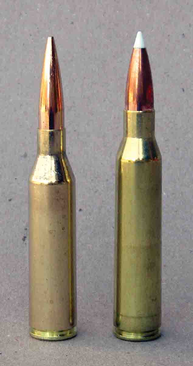 The .300 Norma Magnum (left) is based on the .338 Lapua Magnum (right).
